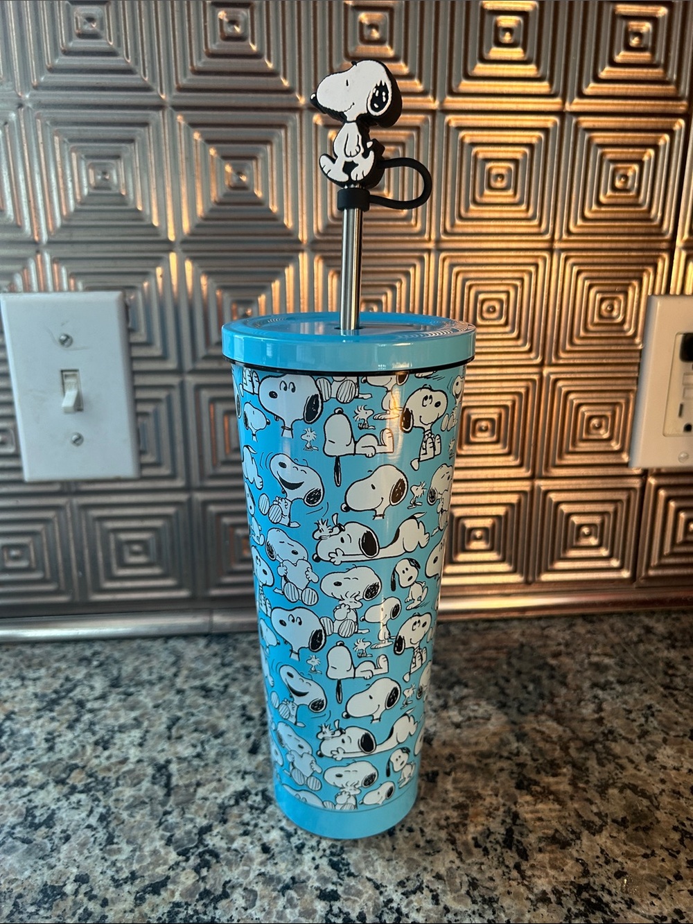 Blue Snoopy Patterned Travel Tumbler with Lid and Character Straw